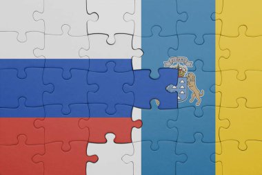 Kanarya adalarının renkli ulusal bayrağı ve Rusya bayrağıyla ilgili bulmacalar. konsept