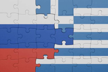 Rusya bayrağı ve Yunan bayrağının renkli ulusal bayrağıyla bulmaca. konsept