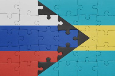 Bahamalar 'ın renkli ulusal bayrağı ve Rusya bayrağı. konsept