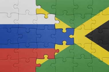 Jamaika 'nın renkli ulusal bayrağı ve Rusya bayrağıyla ilgili bulmacalar. konsept