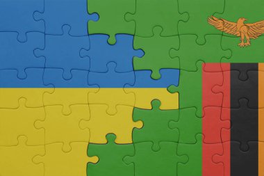 Zambiya 'nın renkli ulusal bayrağı ve Ukrayna bayrağı. konsept