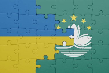 Macau 'nun renkli ulusal bayrağı ve Ukrayna bayrağı. konsept