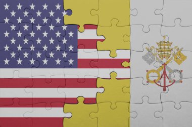 Vatikan şehrinin renkli ulusal bayrağı ve Amerika Birleşik Devletleri bayrağının bulmacası. konsept