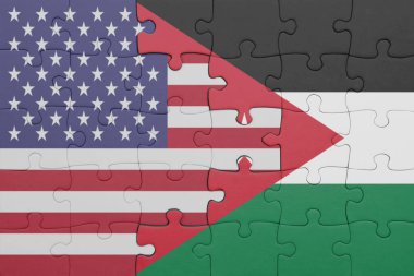 Ürdün 'ün renkli ulusal bayrağı ve Amerika Birleşik Devletleri bayrağı ile ilgili bulmacalar. konsept