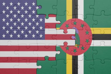 Dominika 'nın renkli ulusal bayrağı ve Amerika Birleşik Devletleri bayrağıyla ilgili bulmacalar. konsept