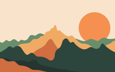 Dağ Sanatı Minimum arka plan vektörü. Toprak tonuyla, gündoğumuyla, ayıyla soyut manzara tepeleri.