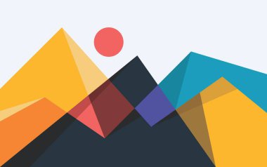 Dağlar Güneş ile Soyut Tam Renkli Çizim. Basit ve soyut bir manzara. Renkli çoğalma tepeleri Tasarım