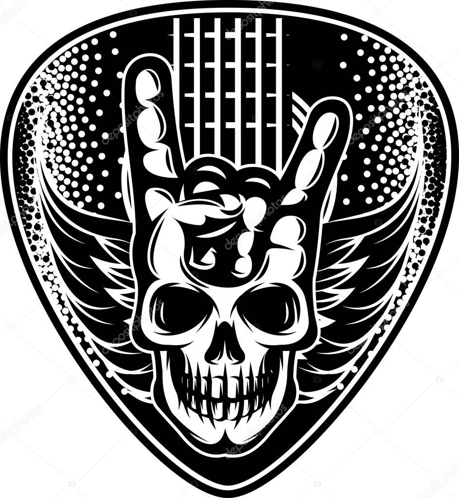Designed guitar plectrum. Background with guitar, skull, wings and hand. Vector monochrome illustration.