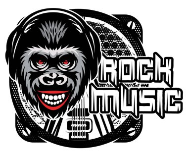 Thematic set of elements for the design of a badge on the theme of rock music. Ready template for design, editable elements. Monkey on the background of the speaker and guitar. clipart