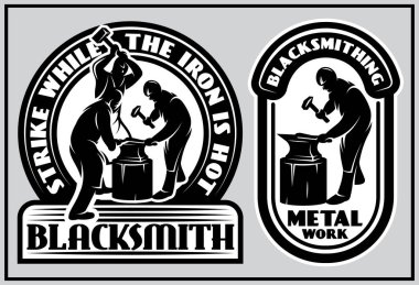 A set of two blacksmithing logo design templates. Blacksmith at work. Vector monochrome illustration.