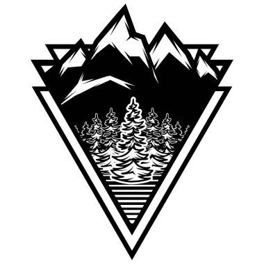 Orman, dağların arka planında. Üçgen şekilli logo şablonu. Vektör monokrom resmi.