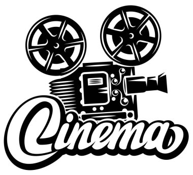 Retro film projektörü ve kaligrafik yazı sineması. Vektör monokrom çizimi. Tasarım için düzenlenebilir şablon.