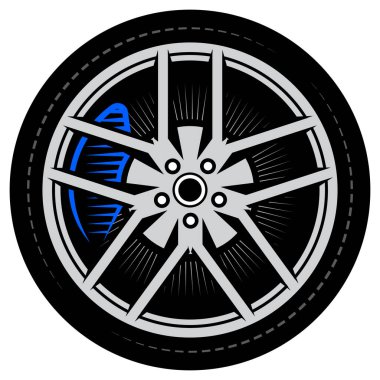 Araba tekerleği. Lastik ve fren diski. Vektör renk çizimi. Tasarım şablonu.