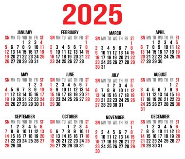 Takvim 2025 vektör şablonu, Planlayıcı 2025 yıl, Duvar takvimi 2025 yıl, basit asgari tasarım, baskı, kırtasiye, organizasyon ofisi.