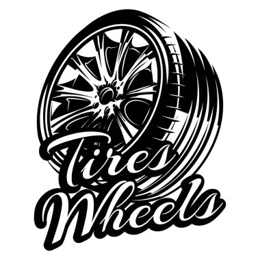 Tekerlek kenarlı, lastik lastikli ve yazılı tasarım şablonu. Tek renkli vektör illüstrasyonu.