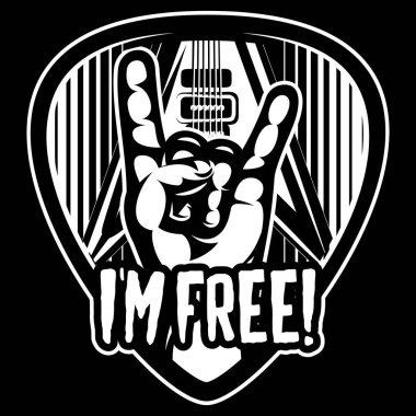 Guitar plectrum with a hand and the inscription I am free. Monochrome vector image. clipart