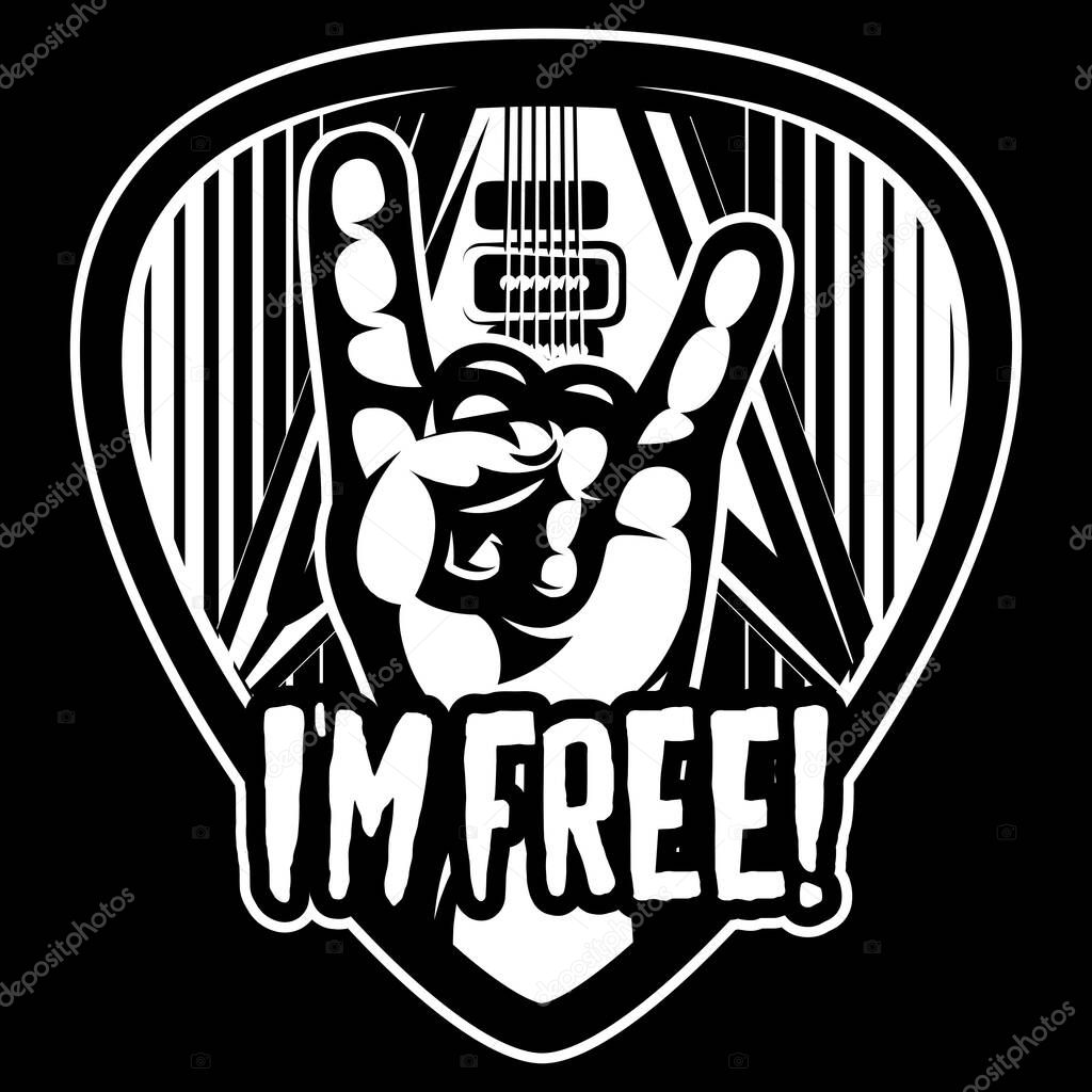 Guitar plectrum with a hand and the inscription I am free. Monochrome vector image.