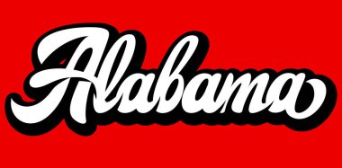 Şık Alabama Senaryo Logosu Tasarımı Siyah ve Beyaz Harflerle Canlı Kırmızı Arkaplan.