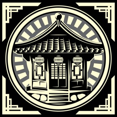 Siyah ve Beyaz Fenerli ve Adımlı Dairesel Çerçeveli Geleneksel Japon Tapınağı.