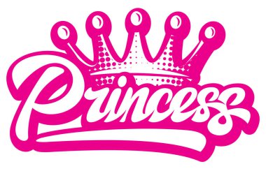 Taçlı, kaligrafik pembe yazı prensesi. Vektör renk illüstrasyonu.