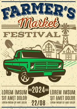 Çiftçi Pazarı Festivali için eski moda poster şablonu. Tasarım için elementler.