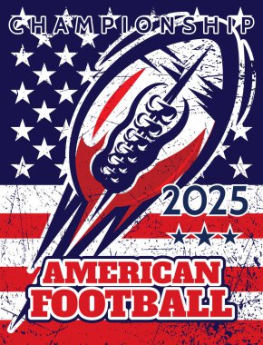 Amerikan futbolu temalı bayrak arkaplanlı renkli vektör reklam afişi şablonu.