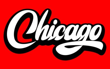 Chicago kelimesinin çarpıcı bir görsel etki yaratan canlı kırmızı arkaplan üzerine kurulu cesur ve şık bir el yazısı..