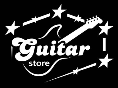 Yıldızlı şık bir gitar mağazası logosu ve müziğin ve yaratıcılığın özünü yansıtan klasik bir yazı tipi tasarımı..