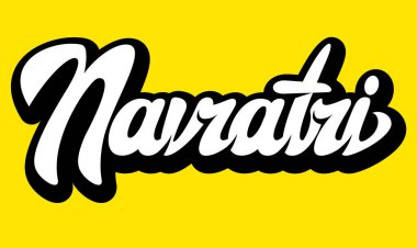 Şenlikli tipografik tasarım. Navratri kelimesini parlak sarı bir arka plana karşı koyu ve el yazısıyla yazması. Canlı Hint festivalini kutlamak için ideal.