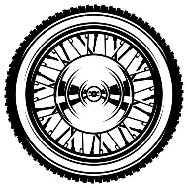 Black and White Motorcycle Wheel with Spokes and Tire Tread.