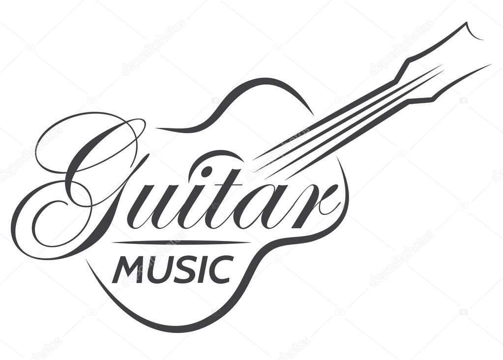 An elegant guitar music logo featuring a sleek black and white design with flowing lines and a sophisticated script font.