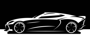 Dinamik tasarımı ve keskin çizgileri olan parlak siyah beyaz spor araba silueti..