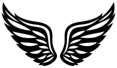 Beyaz zemin üzerinde kabile tarzı çizgileri ve kıvrımlı tüy şekilleri olan simetrik siyah melek kanatları.