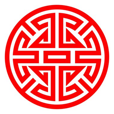 Dairesel geometrik desenli geleneksel kırmızı Çin uzun yaşam sembolü ve simetrik labirent benzeri dekoratif tasarım..