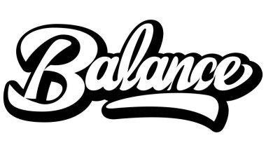 Koyu siyah hatları ve dinamik el yazısı tarzıyla denge kelimesinin el yazısıyla çizilmiş kalın yazı harfi..