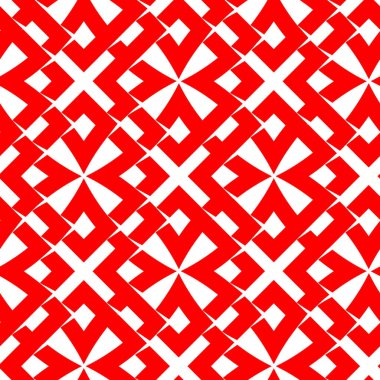 Kırmızı ve beyaz kesişen şekillerle kusursuz soyut geometrik desen tekrarlayan bir tasarım oluşturuyor..