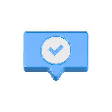 Sohbet veya düşünme balonunda 3D mavi kene işareti. Sosyal medya tebligatı. Doğrulama, seçim sembolü, güvenli hesap