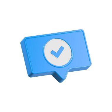 Sohbet veya düşünme balonunda 3D mavi kene işareti. Sosyal medya tebligatı. Doğrulama, seçim sembolü, güvenli hesap