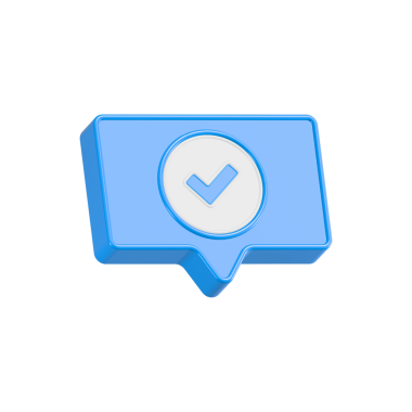 Sohbet veya düşünme balonunda 3D mavi kene işareti. Sosyal medya tebligatı. Doğrulama, seçim sembolü, güvenli hesap