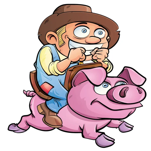 ピンクの豚に乗ってかわいい漫画農家 彼は幸せで興奮している — ストックベクタ