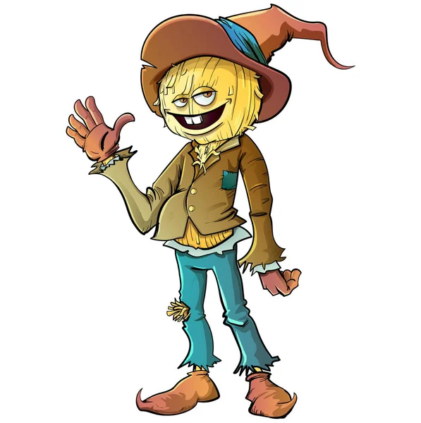 Happy Cartoon Scarecrow Waving Friendly Way — Stock Vector