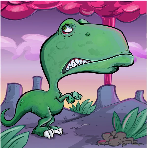 Zeichentrickfilm Tyrannosaurus Rex Mit Einem Explodierenden Vulkan Hintergrund — Stockvektor