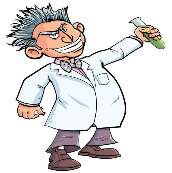 緑の液体のテスト管を保持している邪悪な笑顔を持つ漫画科学者 — ストックベクタ