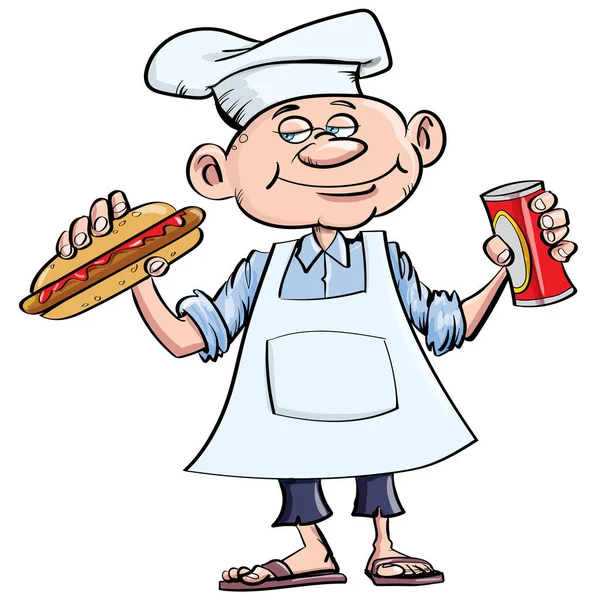卡通厨师与热狗和一罐可乐 他戴着一顶厨师帽 — 图库矢量图片#