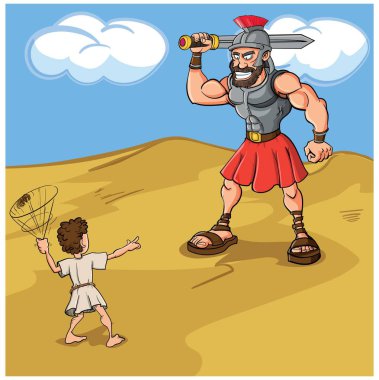 Çölde David ve Goliath 'ın karikatür çizimi.