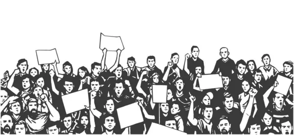 Linea Arte Bianco Nero Illustrazione Della Folla Dimostrante — Vettoriale Stock