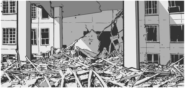 Comic Εικονογράφηση Στυλ Βιβλίου Του Κατεστραμμένου Κτιρίου Μαύρο Και Άσπρο — Διανυσματικό Αρχείο
