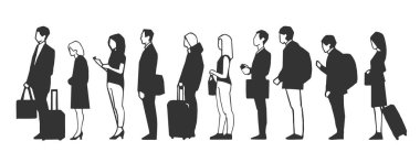 İnsanlar, bekleyen yolcular, siyah beyaz kuyrukta bekleyenler.