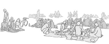 İnsanların rahatladığı, güneşlendiği, sıcak havalarda piknik yaptığı bir resim.