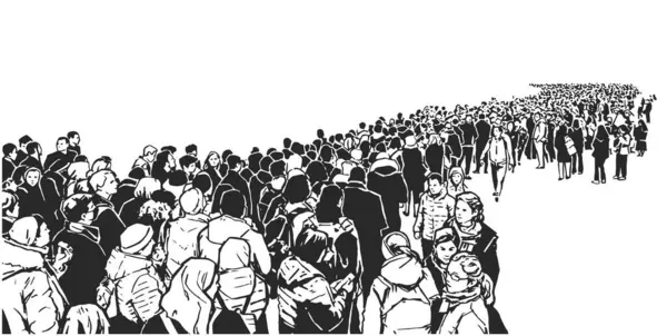 Illustration of large crowd of people standing in line in black and white